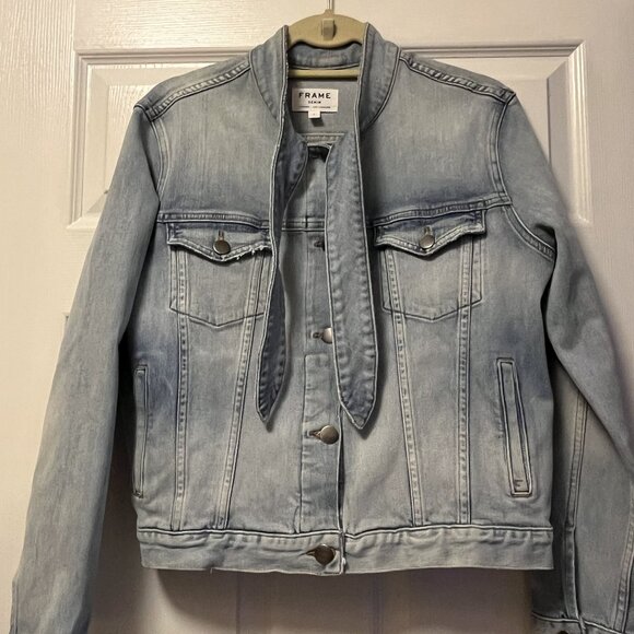 FRAME Le Tie-Neck Button-Front Light-Wash Denim Jacket Size L - Picture 3 of 5